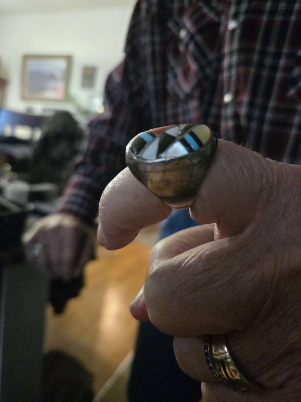 Vintage-Inspired Multicolor Inlay Ring - Brass Tone